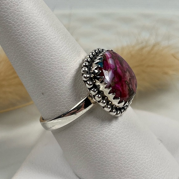 Solid 925 Sterling Silver Pink Dahlia Copper Turquoise Gemstone Ring Size 8.25 - Picture 2 of 9